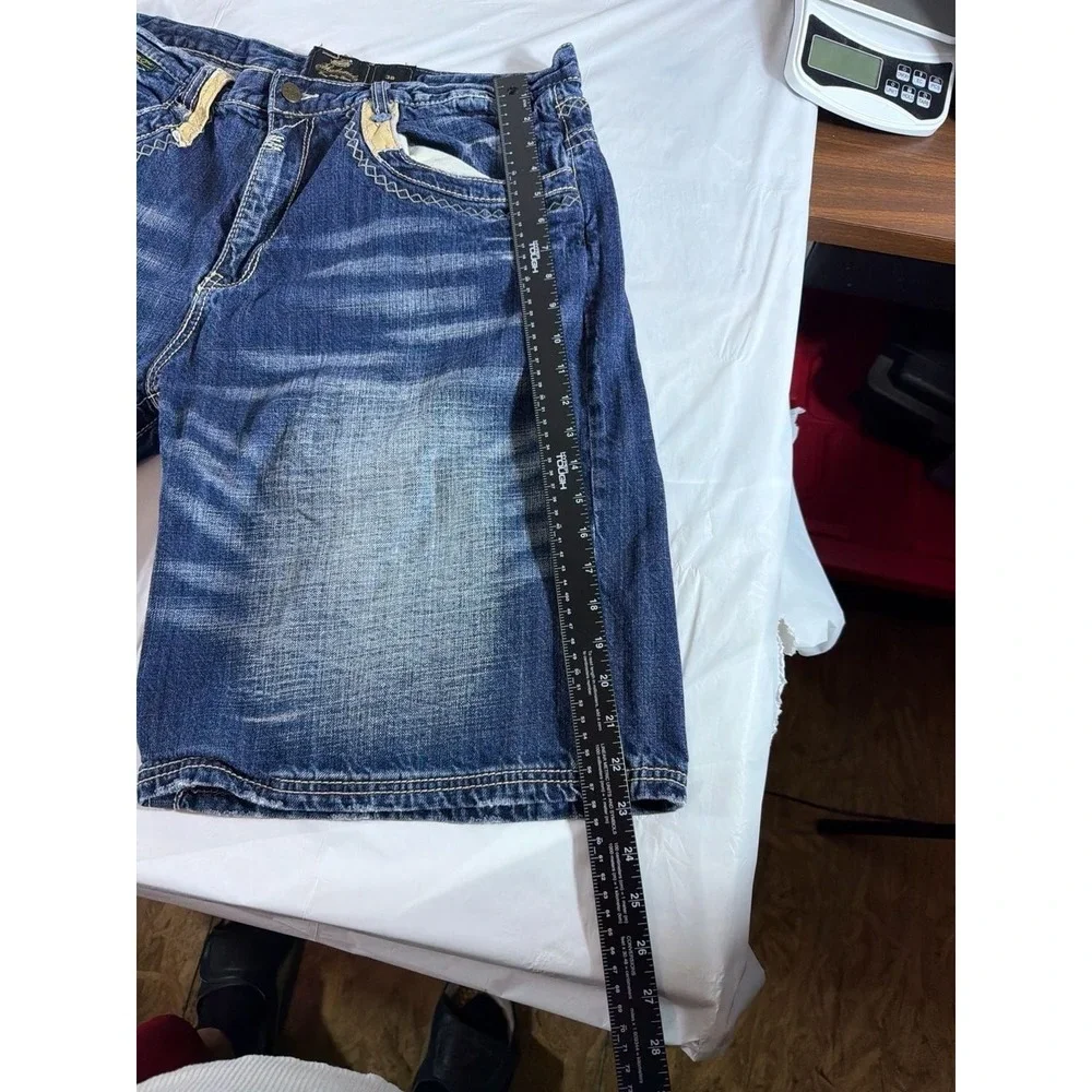 Akademiks Mens Denim Shorts‎ 38 Blue Embroidered Leather Trim Y2K Baggy Hip Hop